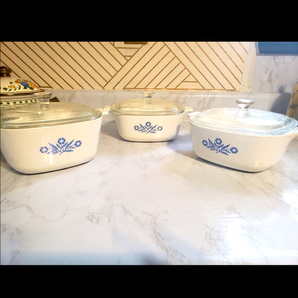 Vintage blue cornflower Corningware set.